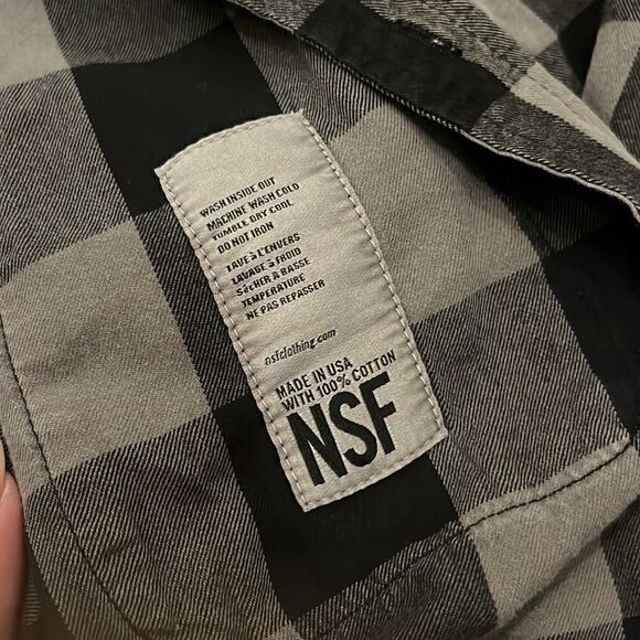 NSF Distressed Check Plaid Button Up Elongated Flannel Shirt - Picture 5 of 6